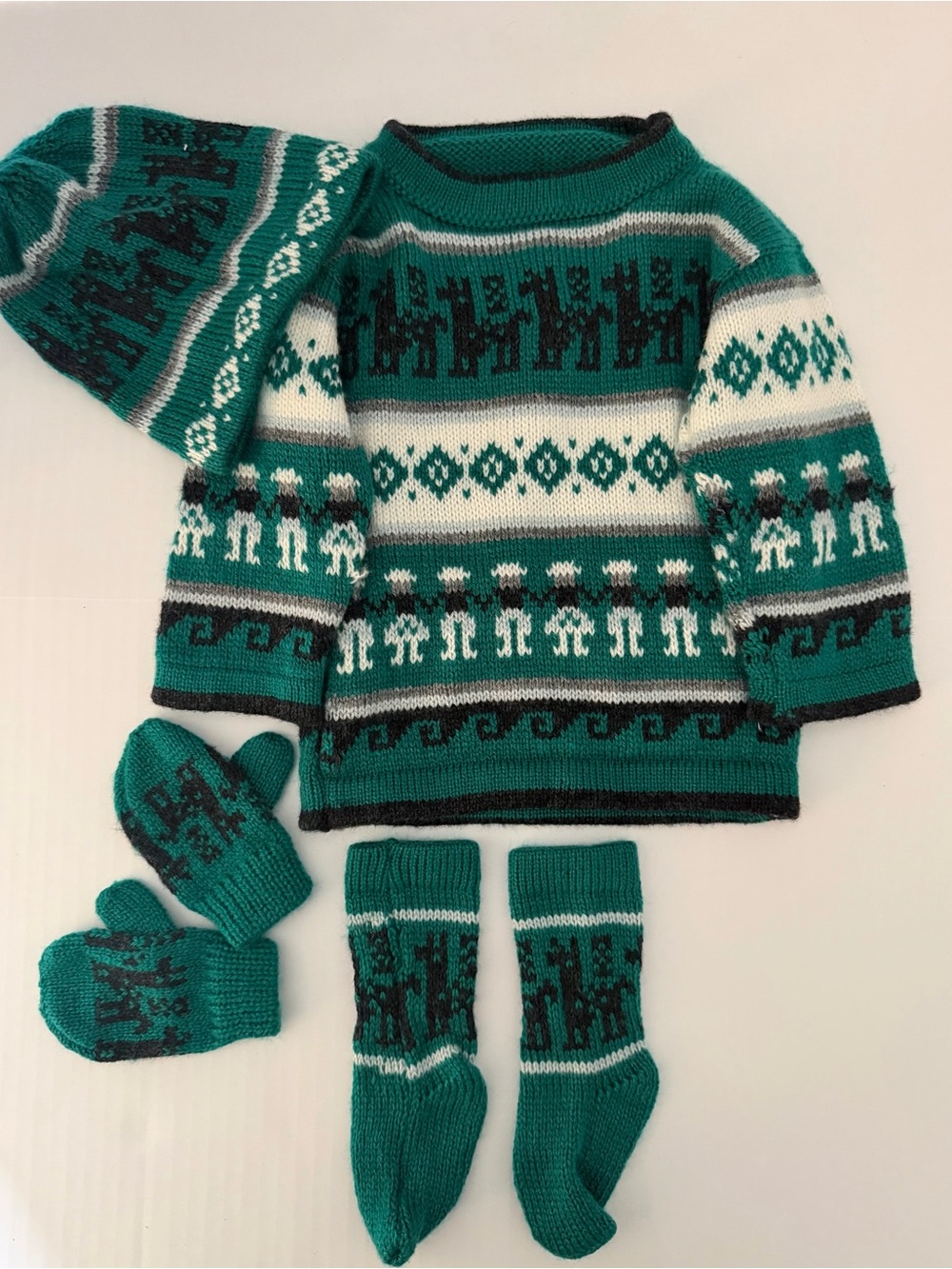 Kids Teal and White Nordic Knit Sweater Set with Mittens, Hat & Socks